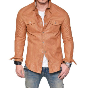 Leather Shirt For Men In Tan Color - TheBougees
