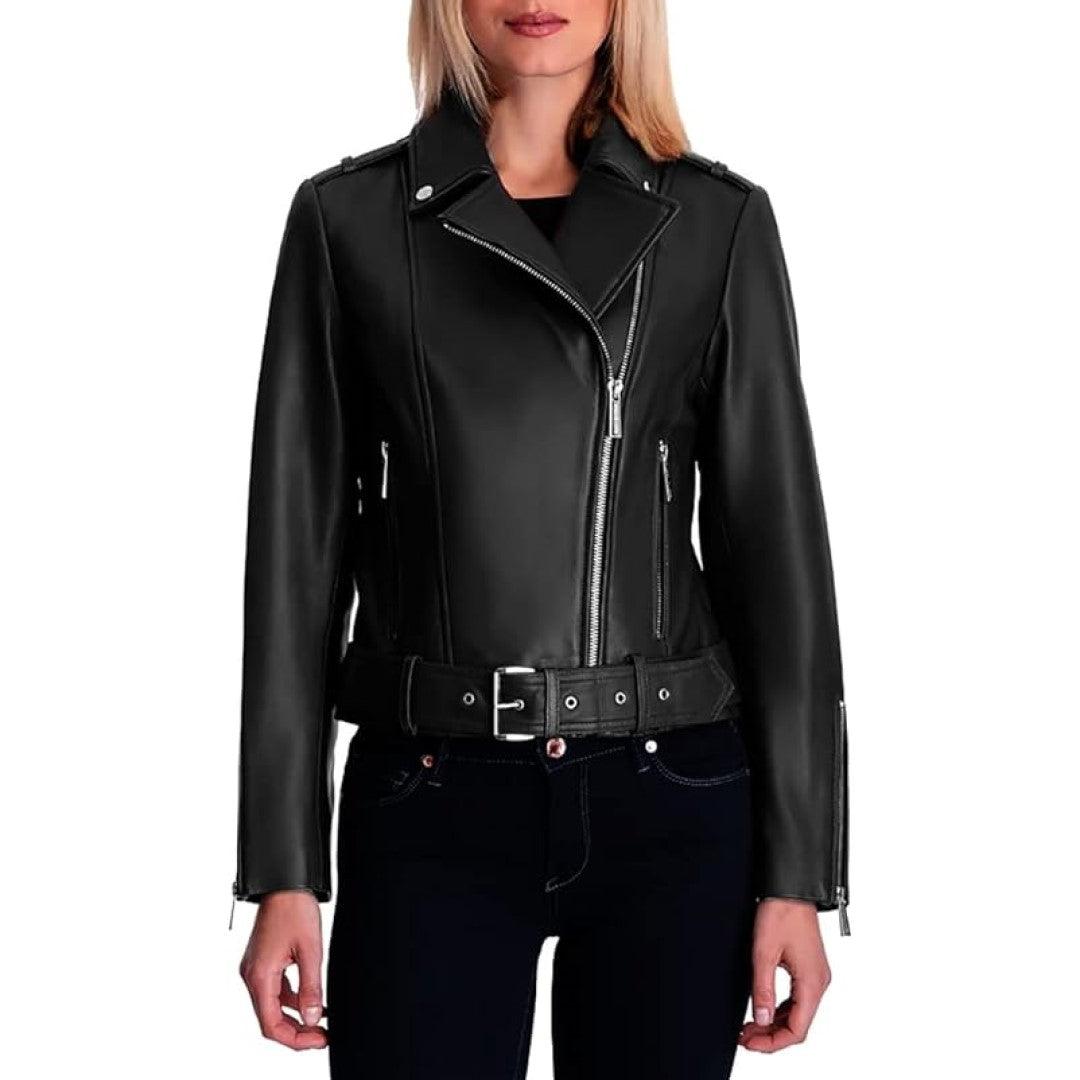 Leather Jacket For Women With Side Zip And Belted Closer - TheBougees