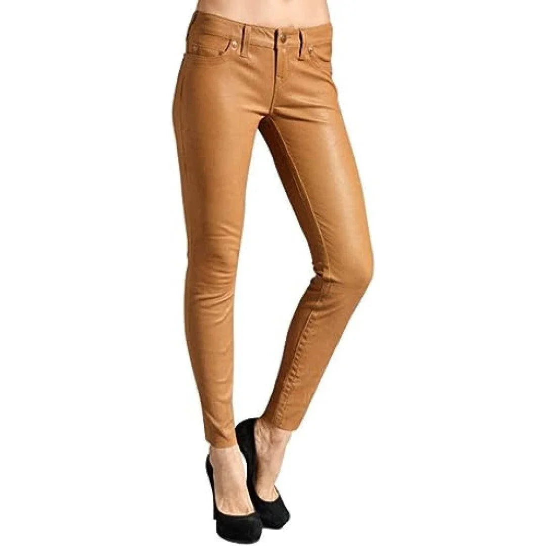 Classical Leather Pants In Mustered Color - TheBougees