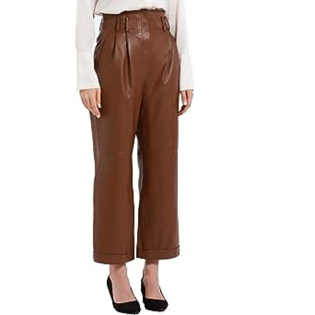 Leather Pants For women In Brown Color And Belted Waist - TheBougees