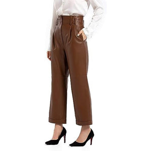 Leather Pants For women In Brown Color And Belted Waist - TheBougees