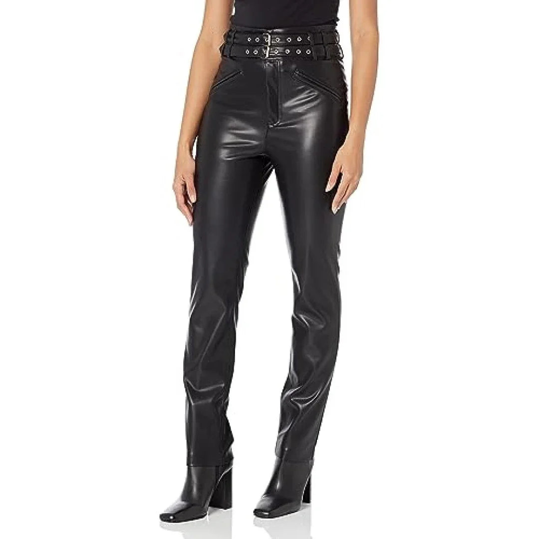 Unique Design Leather Pants With Double Belt Style - TheBougees