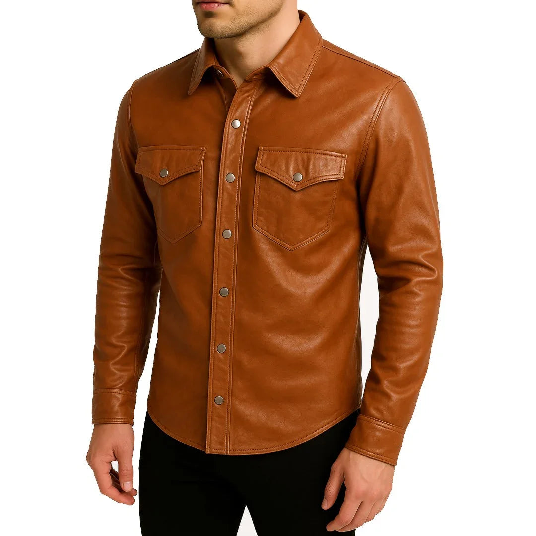 Men’s Brown Leather Shirt Jacket - TheBougees