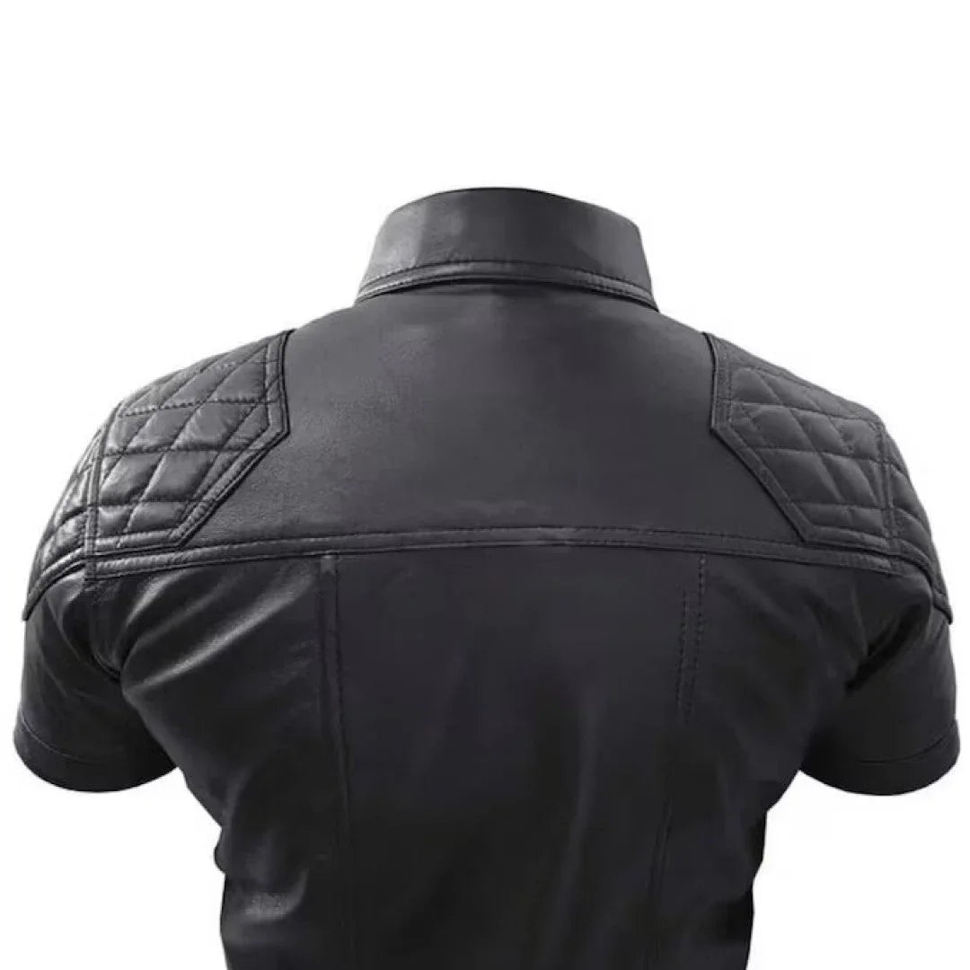Men's Quilted Shoulder Design Leather Shirt - TheBougees