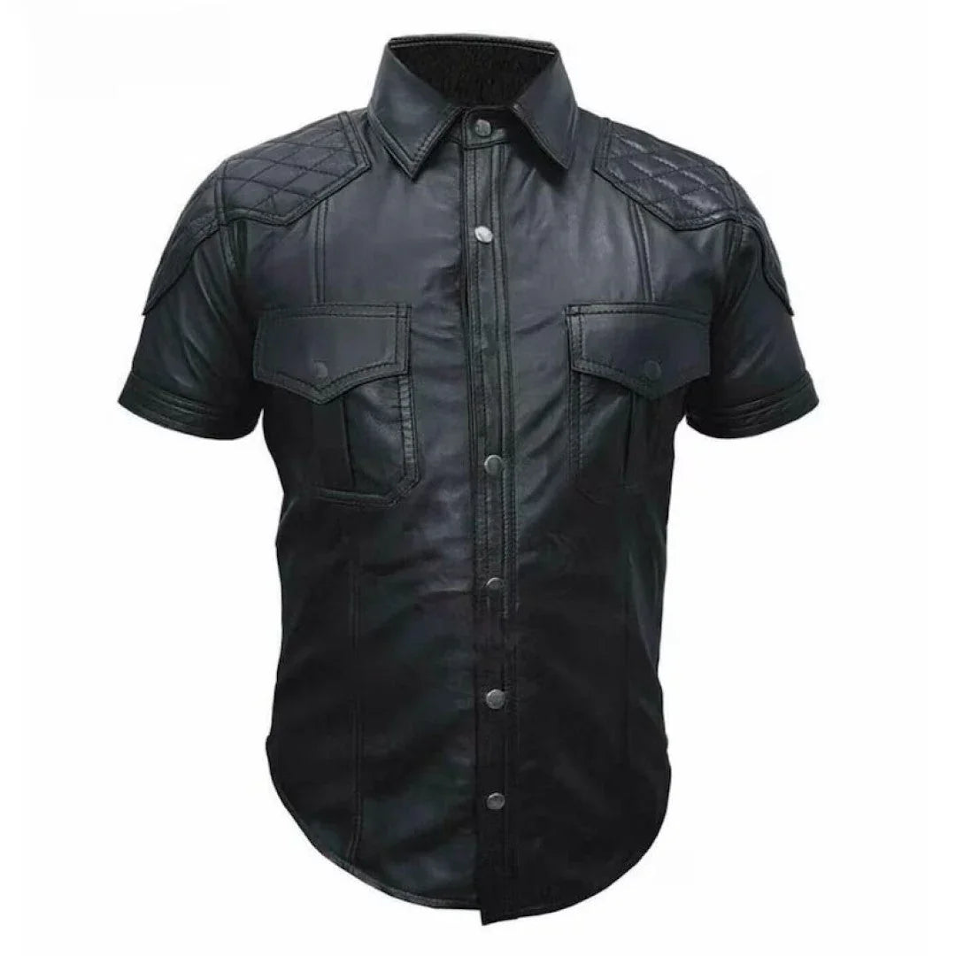 Men's Quilted Shoulder Design Leather Shirt - TheBougees