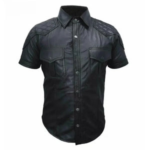 Men's Quilted Shoulder Design Leather Shirt - TheBougees