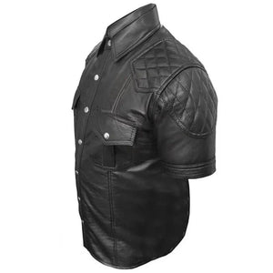 Men's Quilted Shoulder Design Leather Shirt - TheBougees