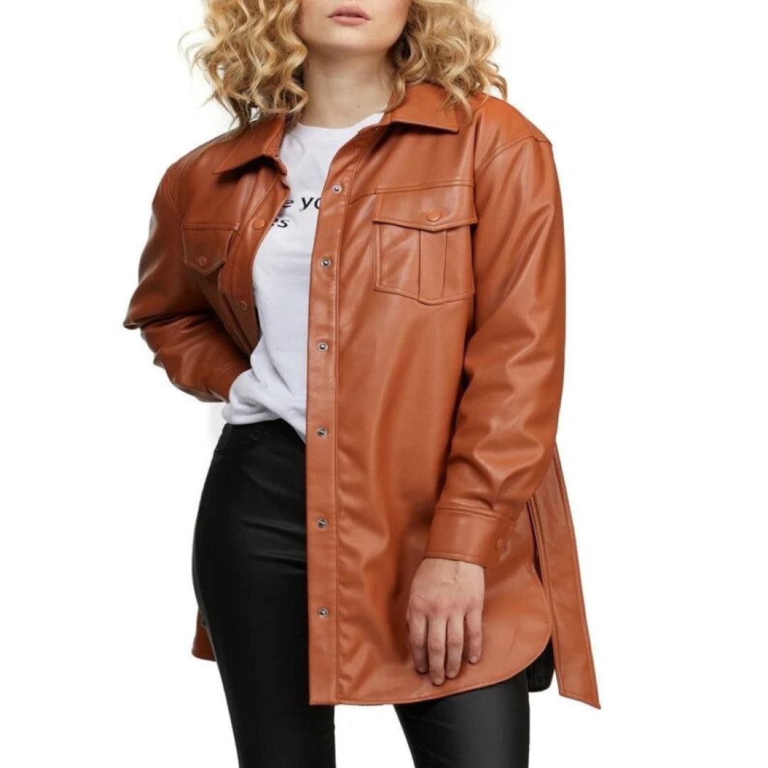 Brown Lamb Skin Leather Shirts For Women - TheBougees
