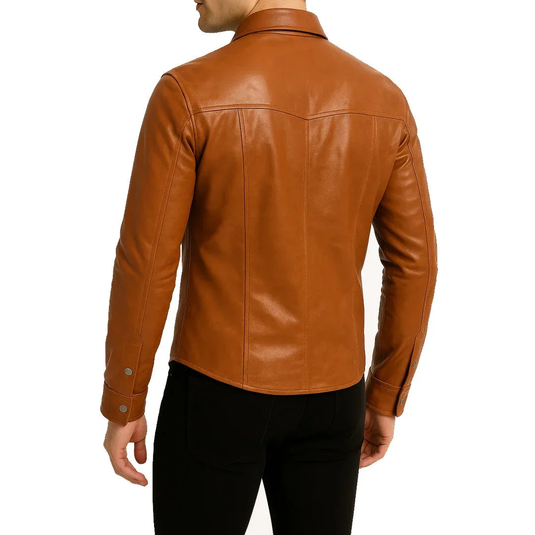 Men’s Brown Leather Shirt Jacket - TheBougees