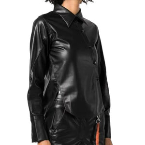 Women's Soft Lambskin Leather Asymmetric Buttoned Shirt For Girls - TheBougees