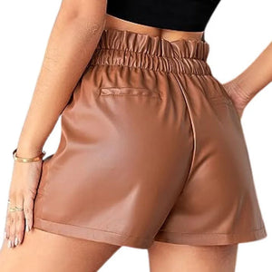 Brown Leather Shorts With Hook And Loop Closer - TheBougees