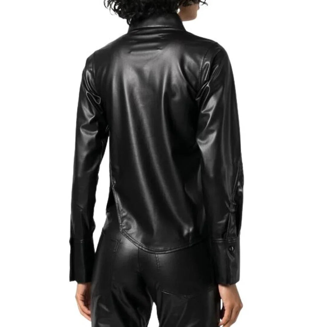 Women's Soft Lambskin Leather Asymmetric Buttoned Shirt For Girls - TheBougees