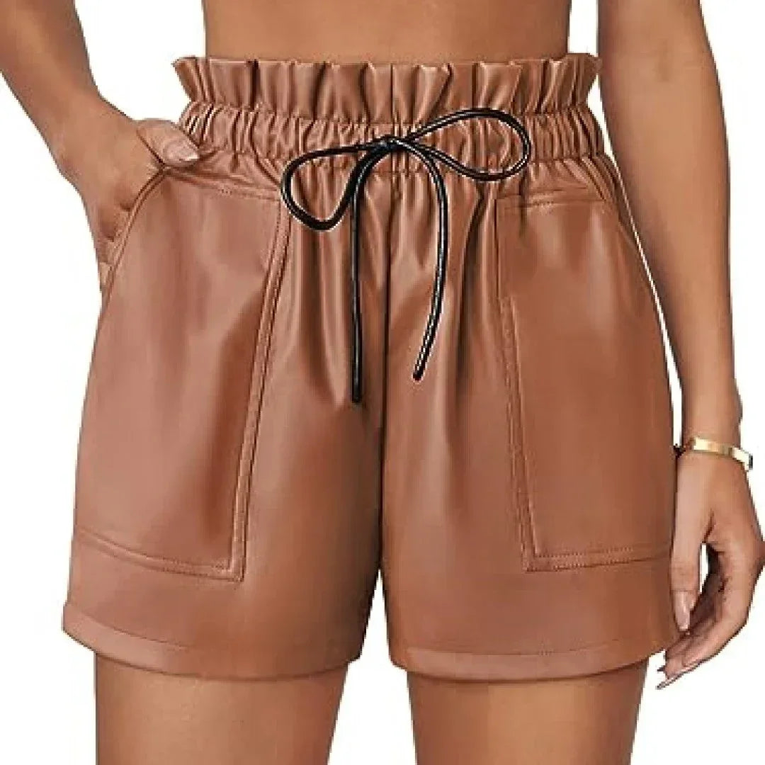 Brown Leather Shorts With Hook And Loop Closer - TheBougees