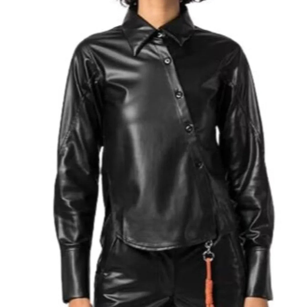 Women's Soft Lambskin Leather Asymmetric Buttoned Shirt For Girls - TheBougees