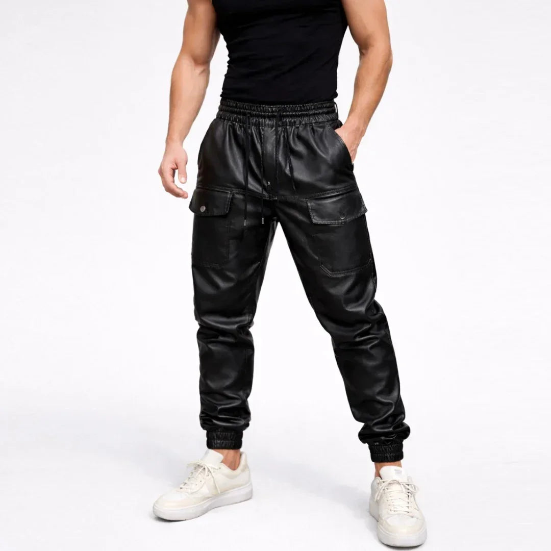Men's black genuine leather jogger pants