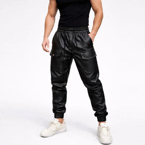 Men's black genuine leather jogger pants