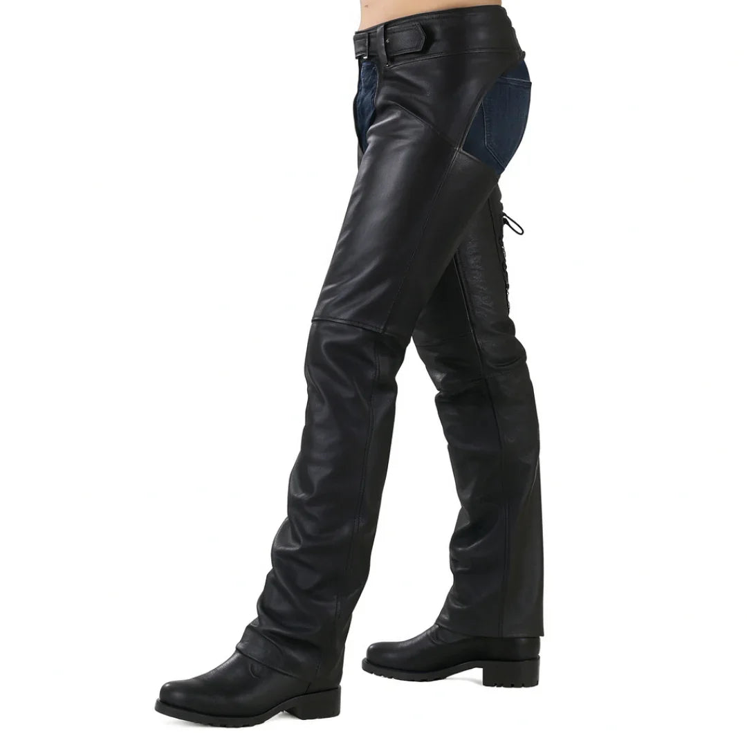 Genuine Leather Motorcycle Chaps – Classic Black with Adjustable Fit