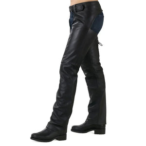 Classic black leather motorcycle chaps with adjustable lace-up fit, alternate view