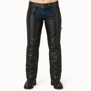 Black leather motorcycle chaps with adjustable fit, additional product view