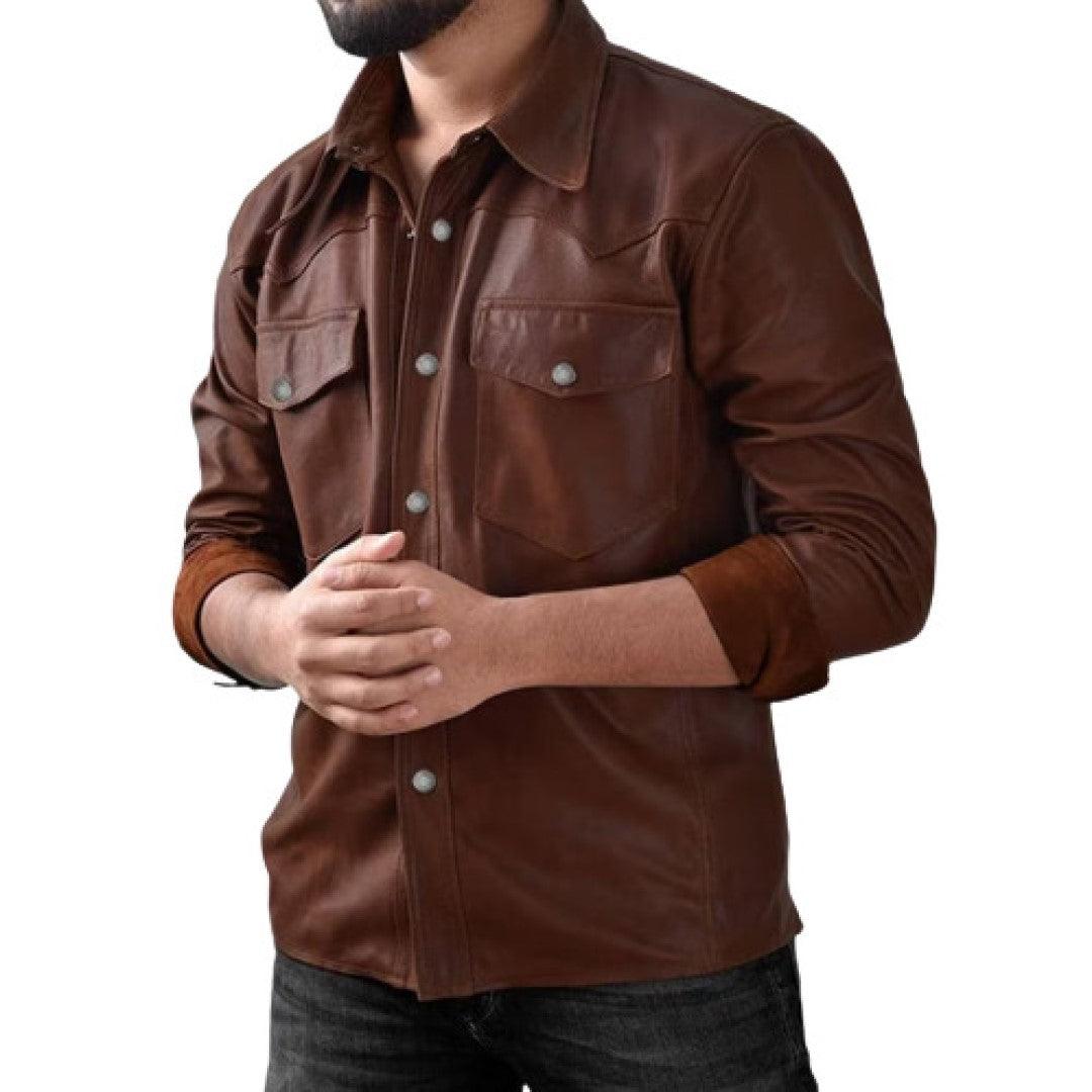 Classy Leather Shirt For Men In Brown Color - TheBougees