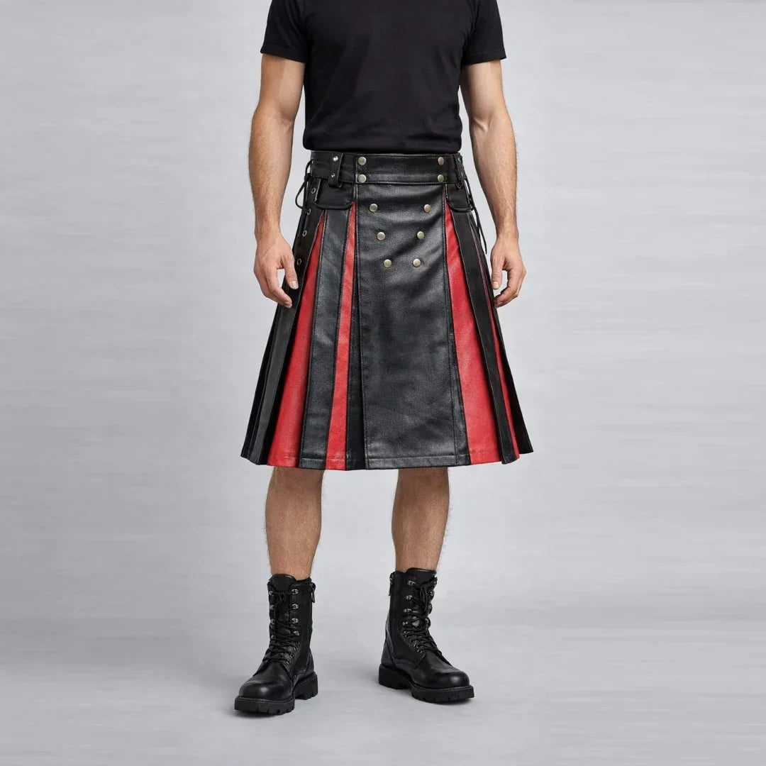 Men's black and red leather kilt with metal buttons and combat boots