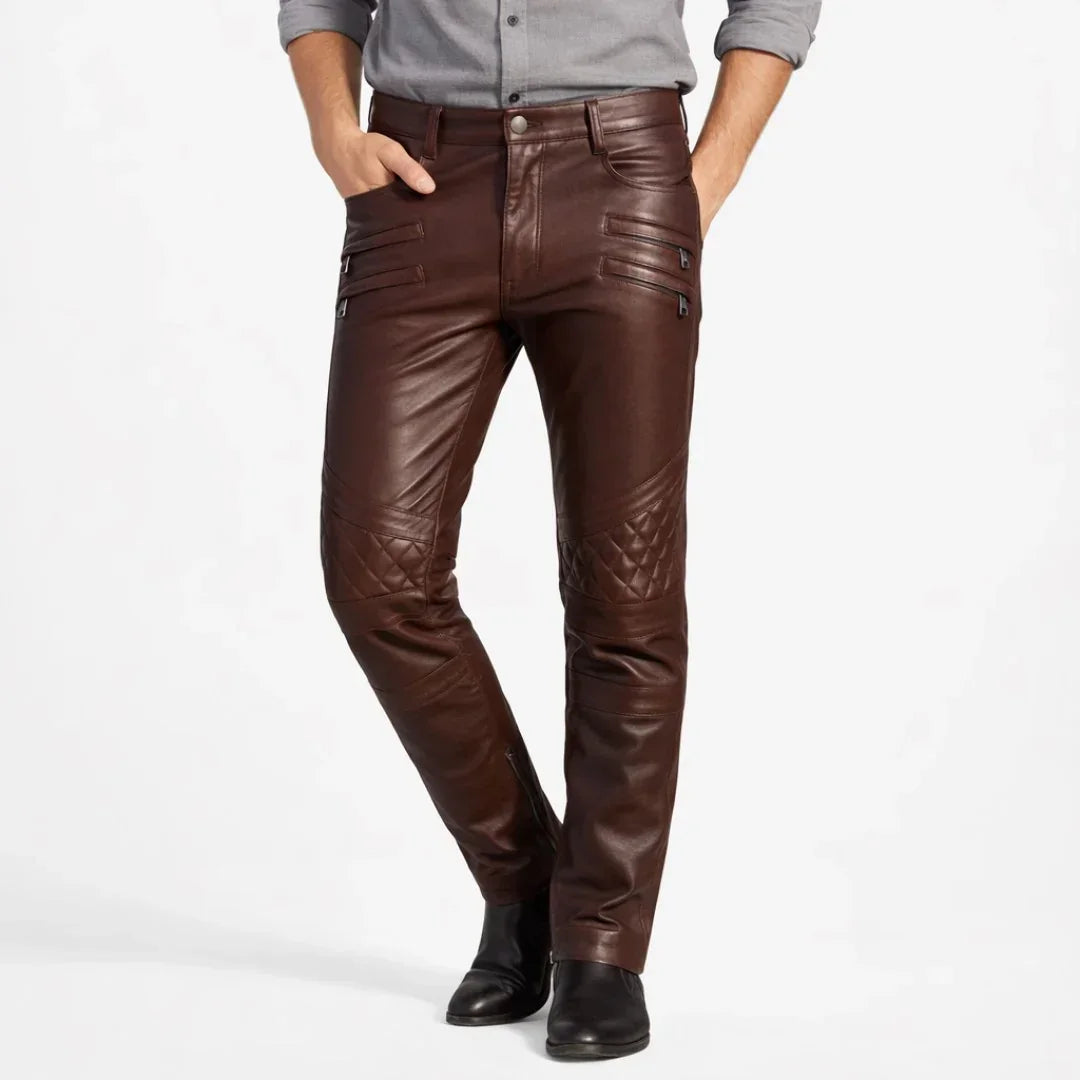 Men's brown genuine leather pants with zipper pockets and quilted details