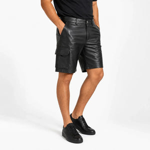 Black leather cargo shorts for men with side pockets and belt loops