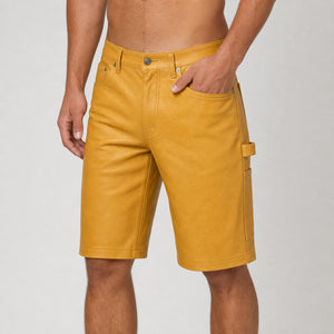 mens yellow leather shorts