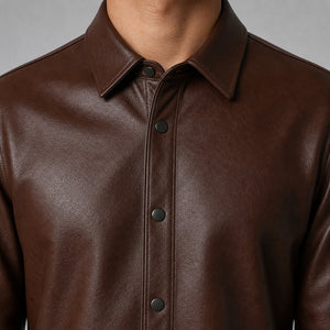 men's brown lambskin leather shirt MLSH 810037 collar and snap placket detail