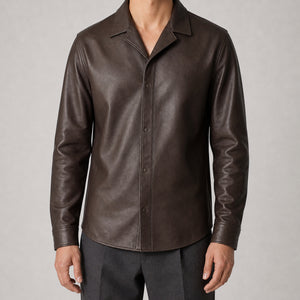 men's brown lambskin leather shirt MLSH 810037 straight front view