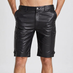 Men's black genuine leather shorts with zipper pockets and belt loops