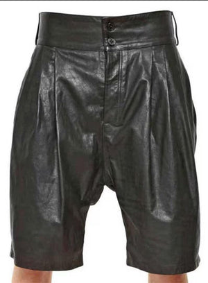 Classical Leather Shorts With Belted Waist And Double Button Closer - TheBougees