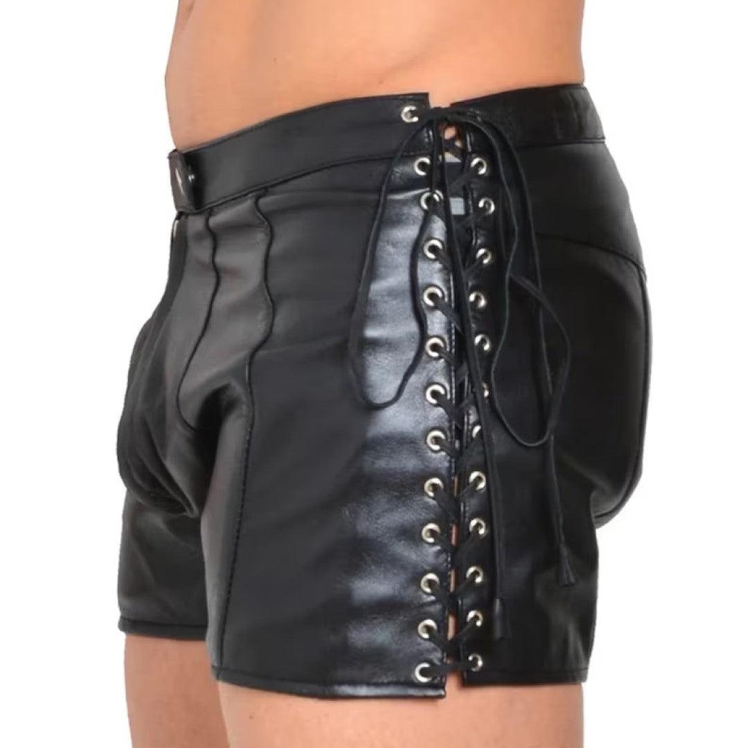 Genuine Leather Shorts For Men With Side Lace Design - TheBougees