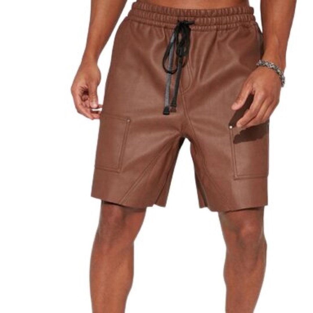High Quality Leather Shorts In Brown With Hook & Loop Closer - TheBougees