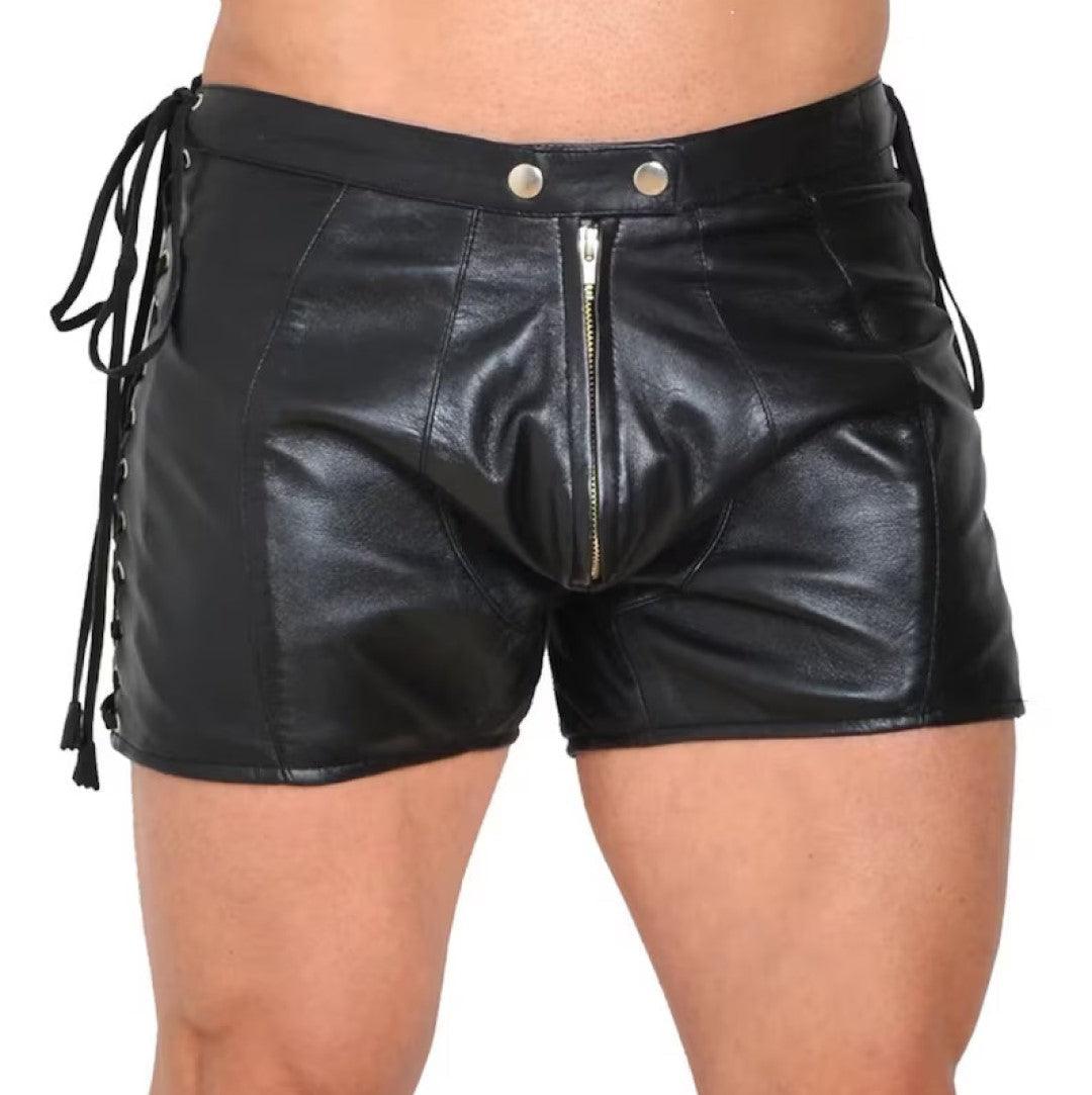 Genuine Leather Shorts For Men With Side Lace Design - TheBougees