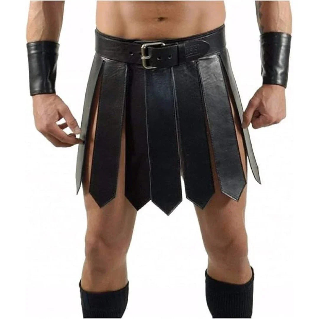 Real Leather Roman Gladiator Kilt Set Mens Larp Heavy Duty Leather Kilts - TheBougees