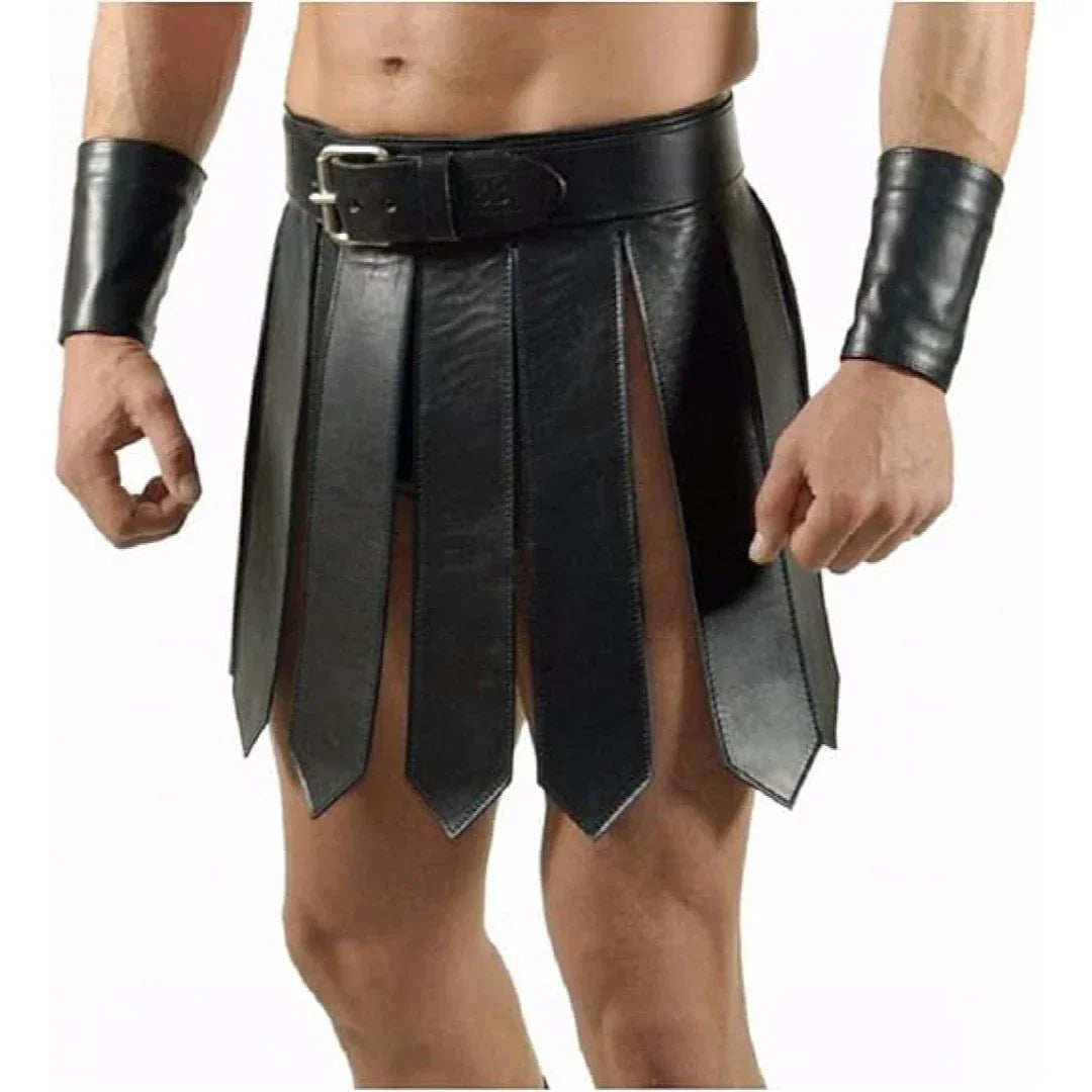 Real Leather Roman Gladiator Kilt Set Mens Larp Heavy Duty Leather Kilts - TheBougees