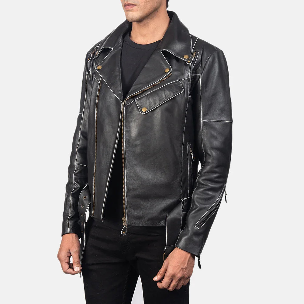 Men's Black Stylish Biker Leather Jacket with Back Zipper & White Lining - TheBougees