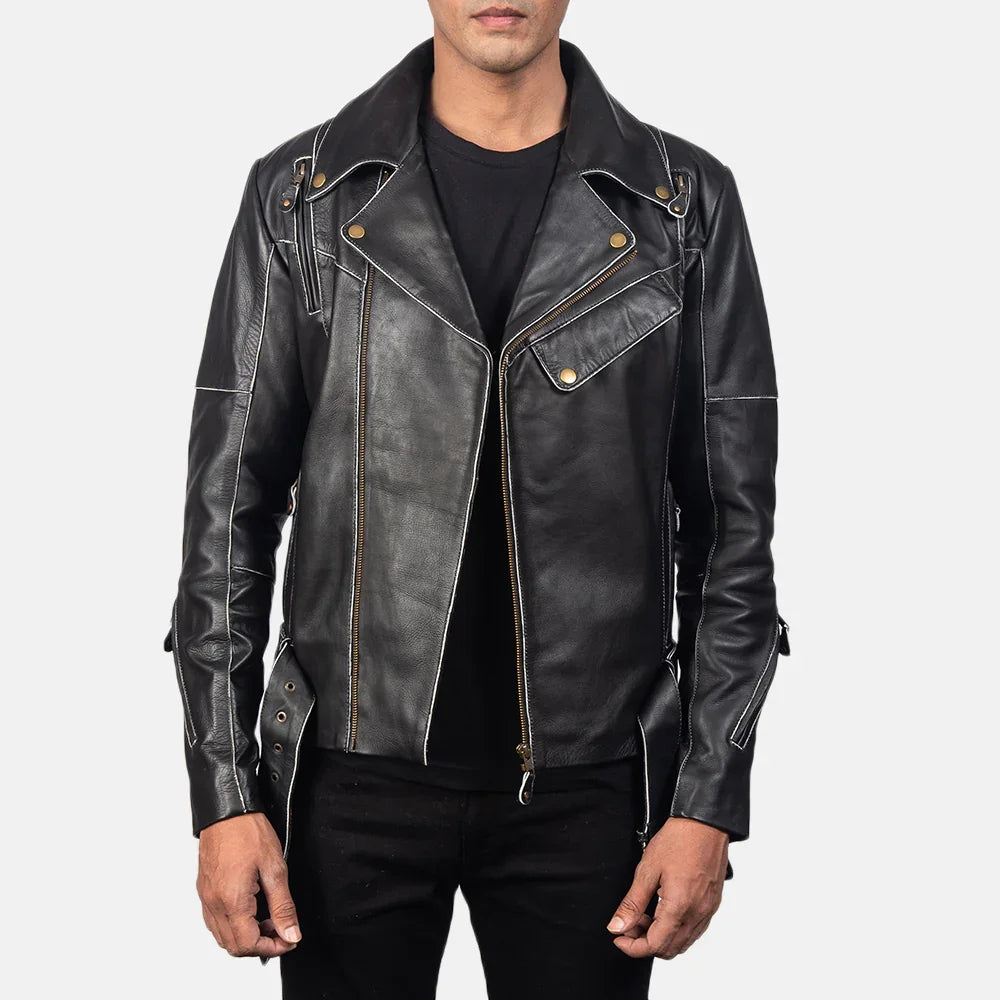 Men's Black Stylish Biker Leather Jacket with Back Zipper & White Lining - TheBougees