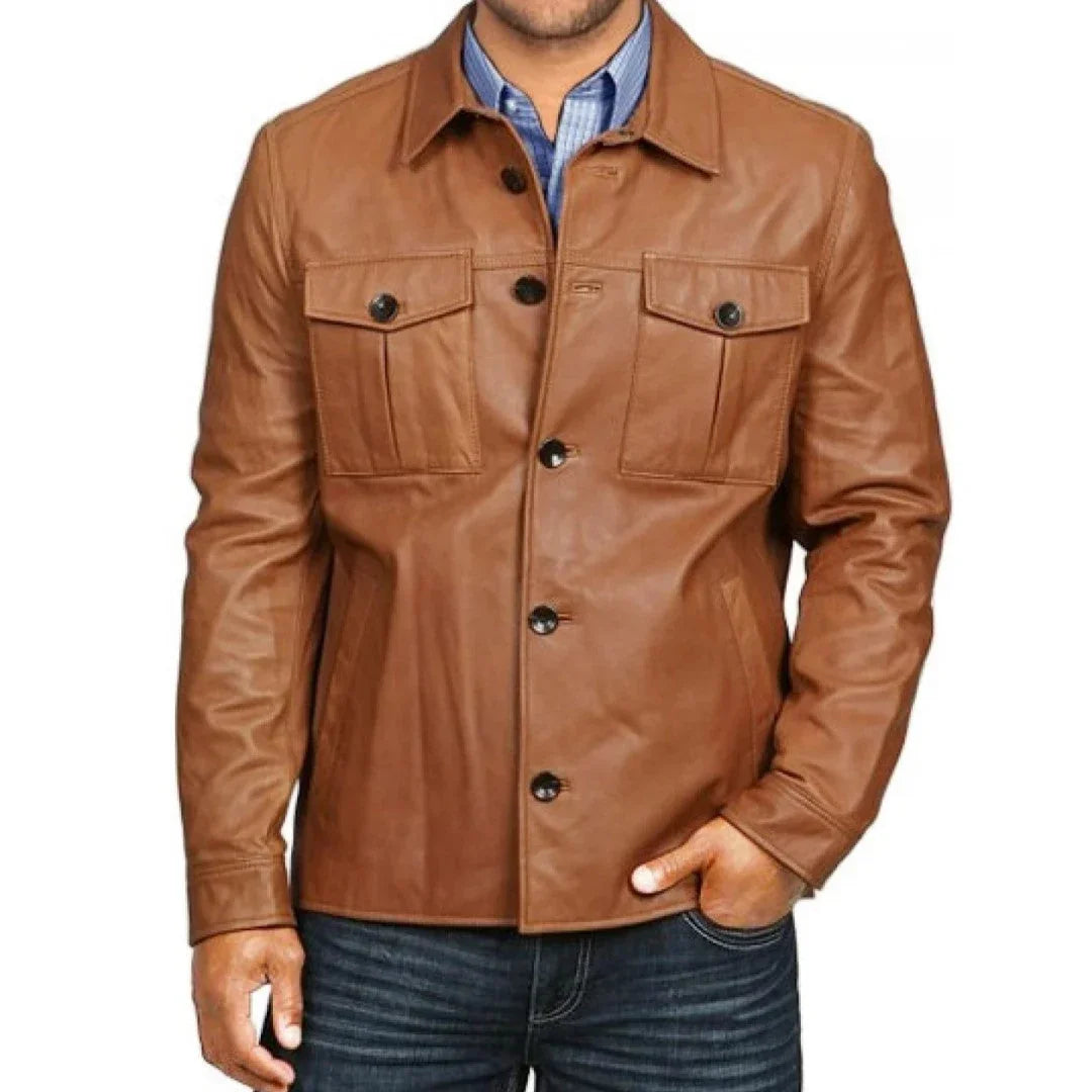 Premium Quality Leather Shirt For Men In Tan Color - TheBougees