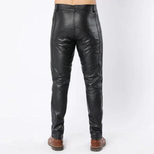 Men Black Sheep Leather Pants with Side Panel and Double Button Closure - TheBougees