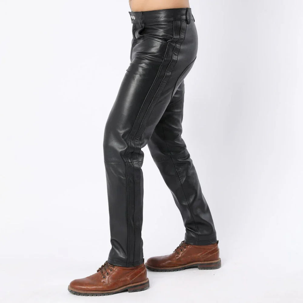 Men Black Sheep Leather Pants with Side Panel and Double Button Closure - TheBougees