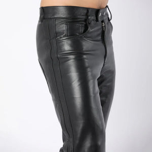 Men Black Sheep Leather Pants with Side Panel and Double Button Closure - TheBougees