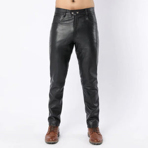Men Black Sheep Leather Pants with Side Panel and Double Button Closure - TheBougees