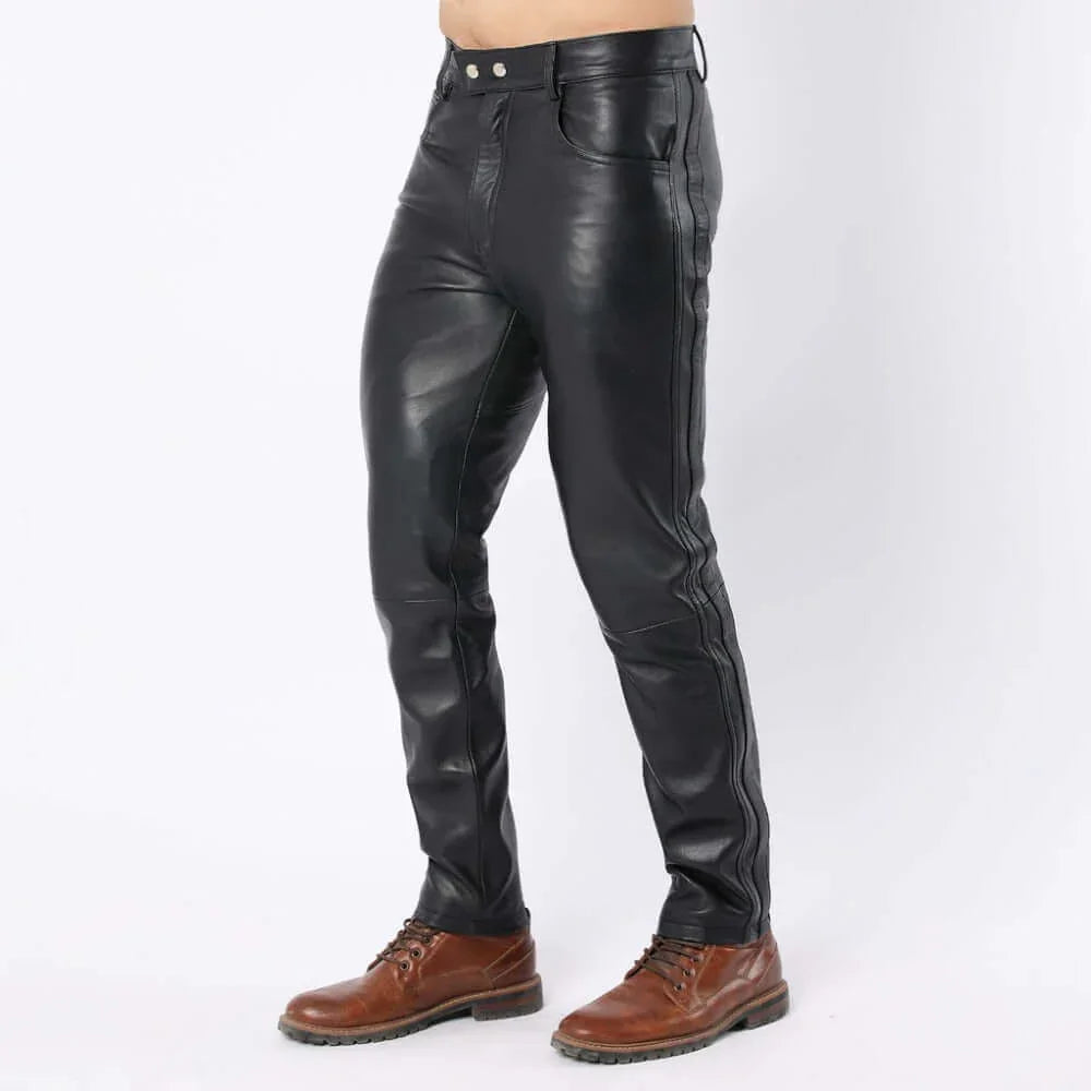 Men Black Sheep Leather Pants with Side Panel and Double Button Closure - TheBougees