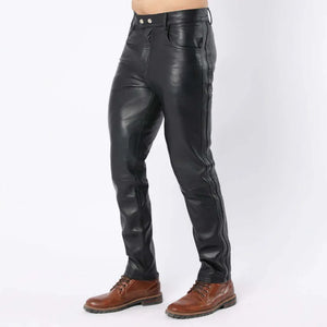 Men Black Sheep Leather Pants with Side Panel and Double Button Closure - TheBougees