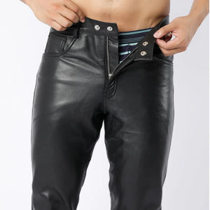 Men Black Sheep Leather Pants with Side Panel and Double Button Closure - TheBougees