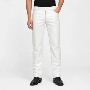 White leather pants for men with black boots, stylish and modern design
