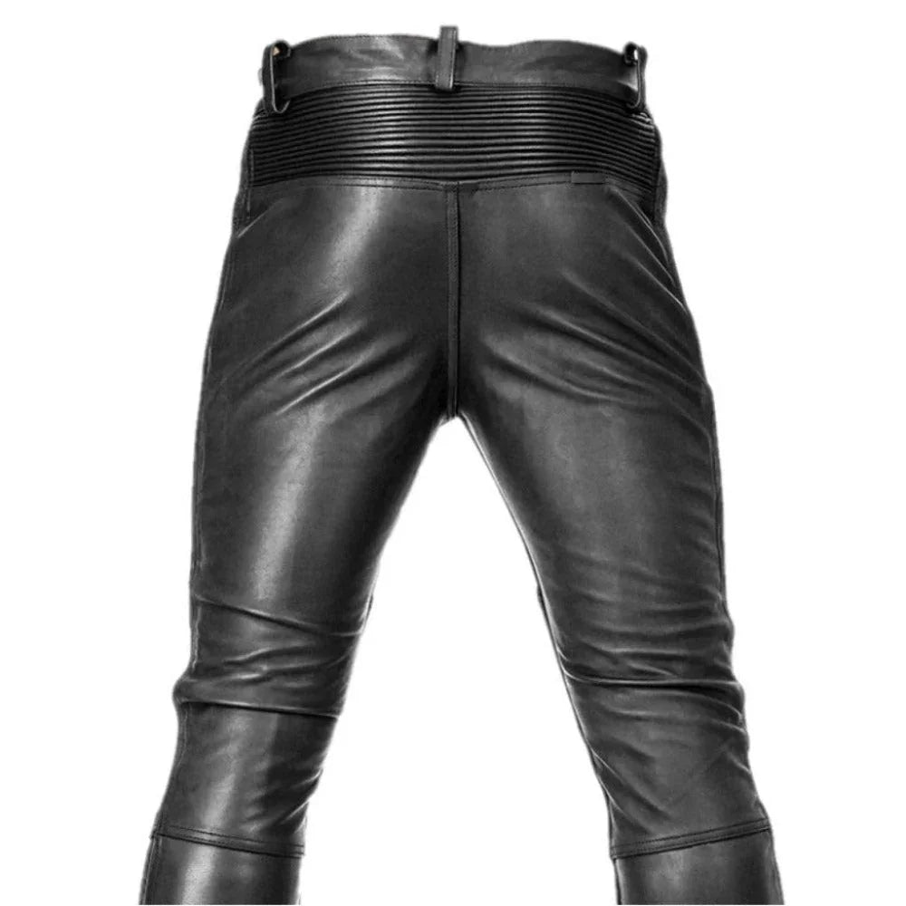 Men Leather Pants with Zipper Sheep/Lambskin Leather Biker Trouser - TheBougees