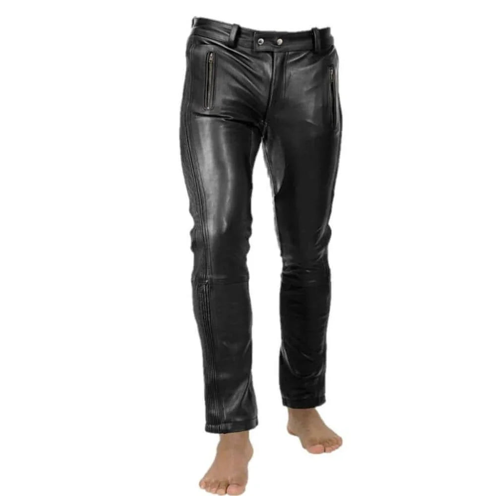 Men Leather Pants with Zipper Sheep/Lambskin Leather Biker Trouser - TheBougees